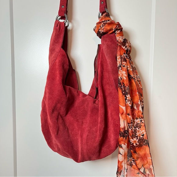 NWT Free People Roma Slouchy Sling Suede Leather Tote in Bright Red “Garnet” 🍒 - Picture 1 of 10